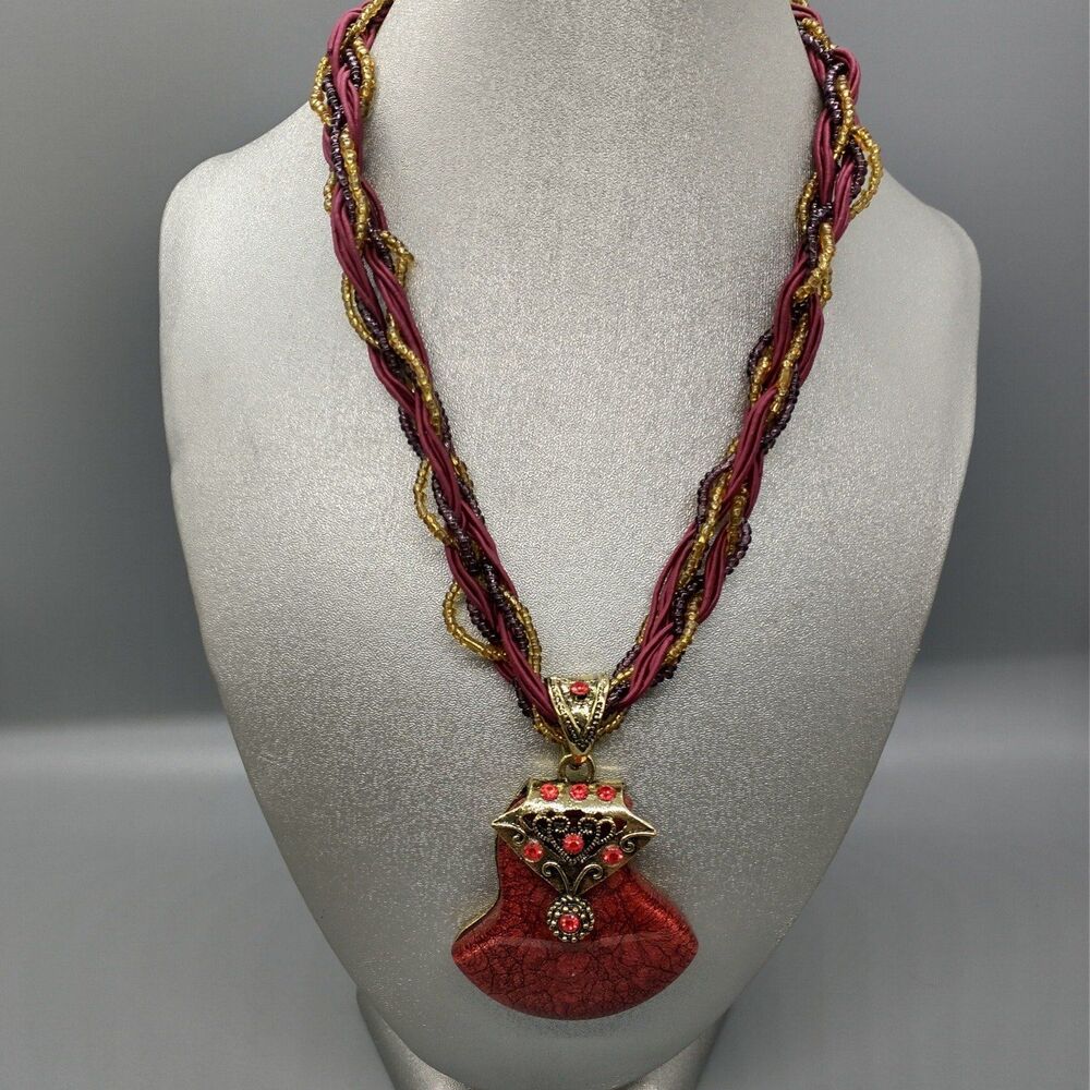 Exotic Boho Braided Ruby Purple Gold Rhinestone Statement Necklace Crackle Laque